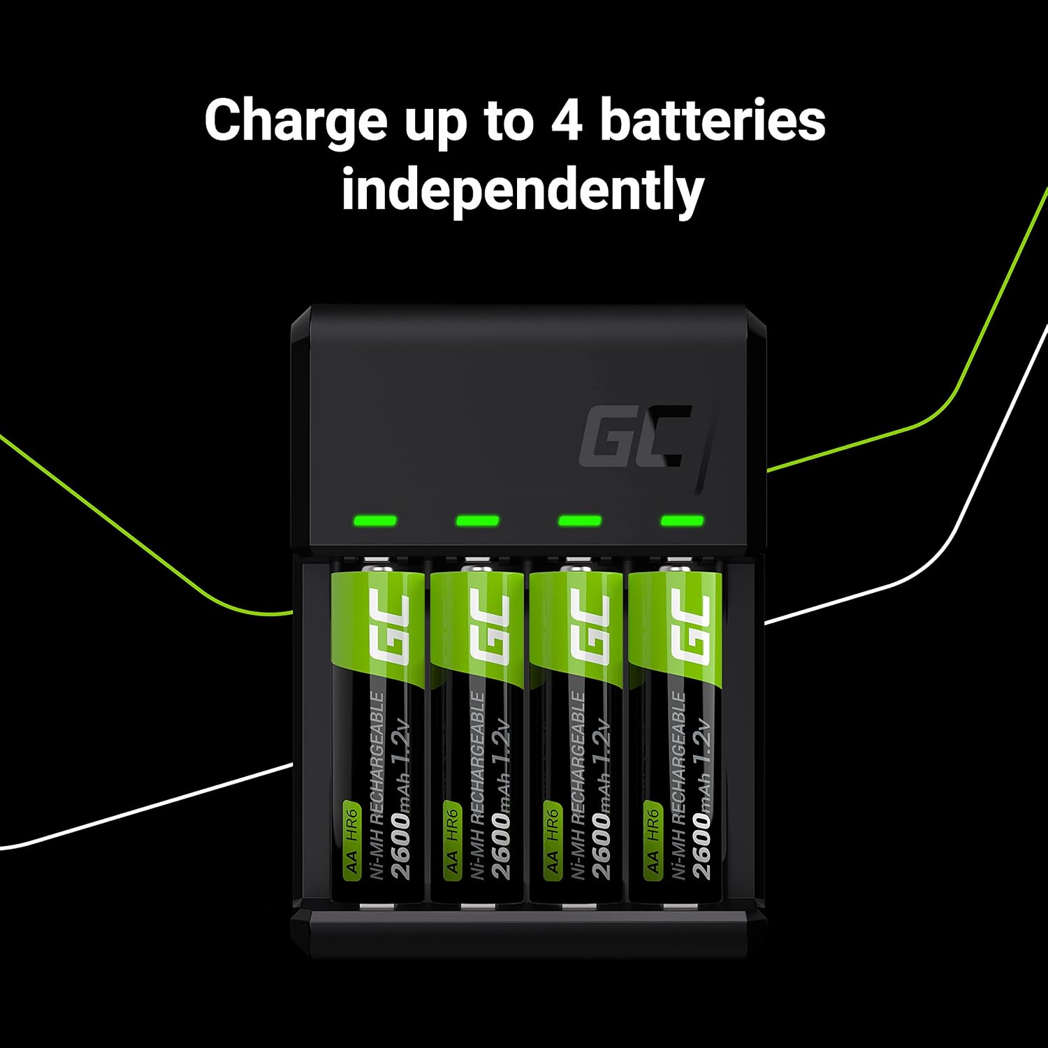 Green Cell VitalCharger charging four AA batteries independently.