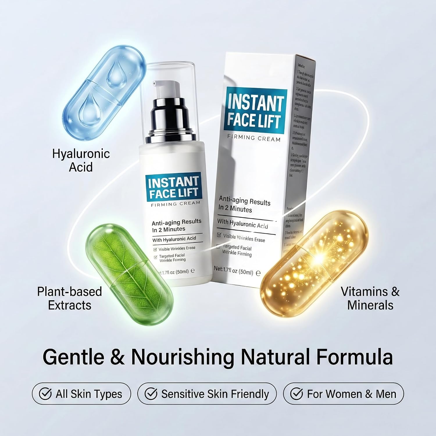 Instant Face Lift Cream 50ml, Skin Tightening & Lifting Cream for Face & Neck, 12-Hour Firming Serum, Natural Formula Anti-Wrinkle Remover for Fine Lines & Sagging, for All Skin Types