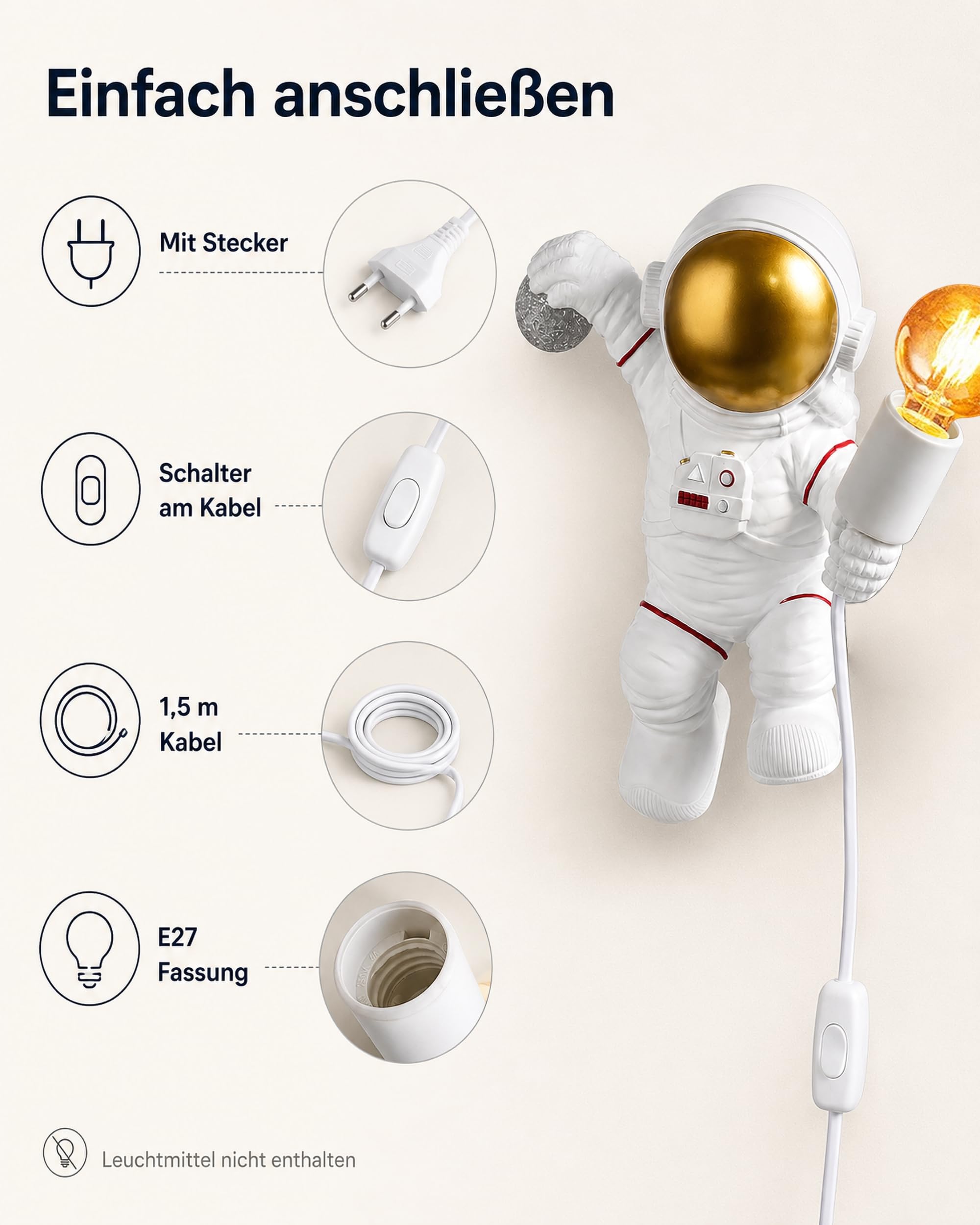 ACMHNC Lámpara de Pared Infantil Con Enchufe y interruptor, Decorativa Astronauta Aplique de Pared Para Habitación de Niños Con Cable 1,5 M, E27 Iluminación Pared Interior Para Niños y Niñas, Blanco