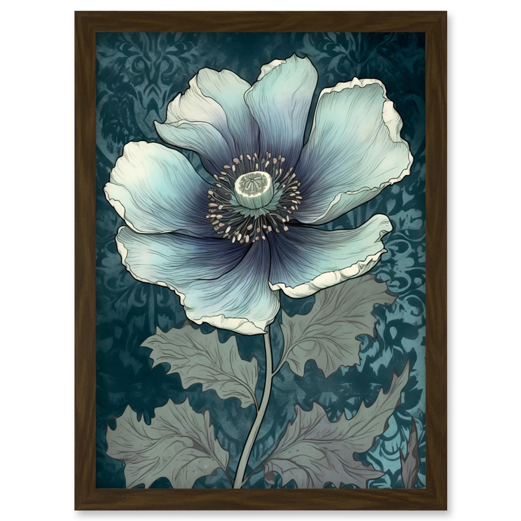 Artery8 Anemone Flower Bloom Teal Blue Watercolour Artwork Framed Wall Art Print A4