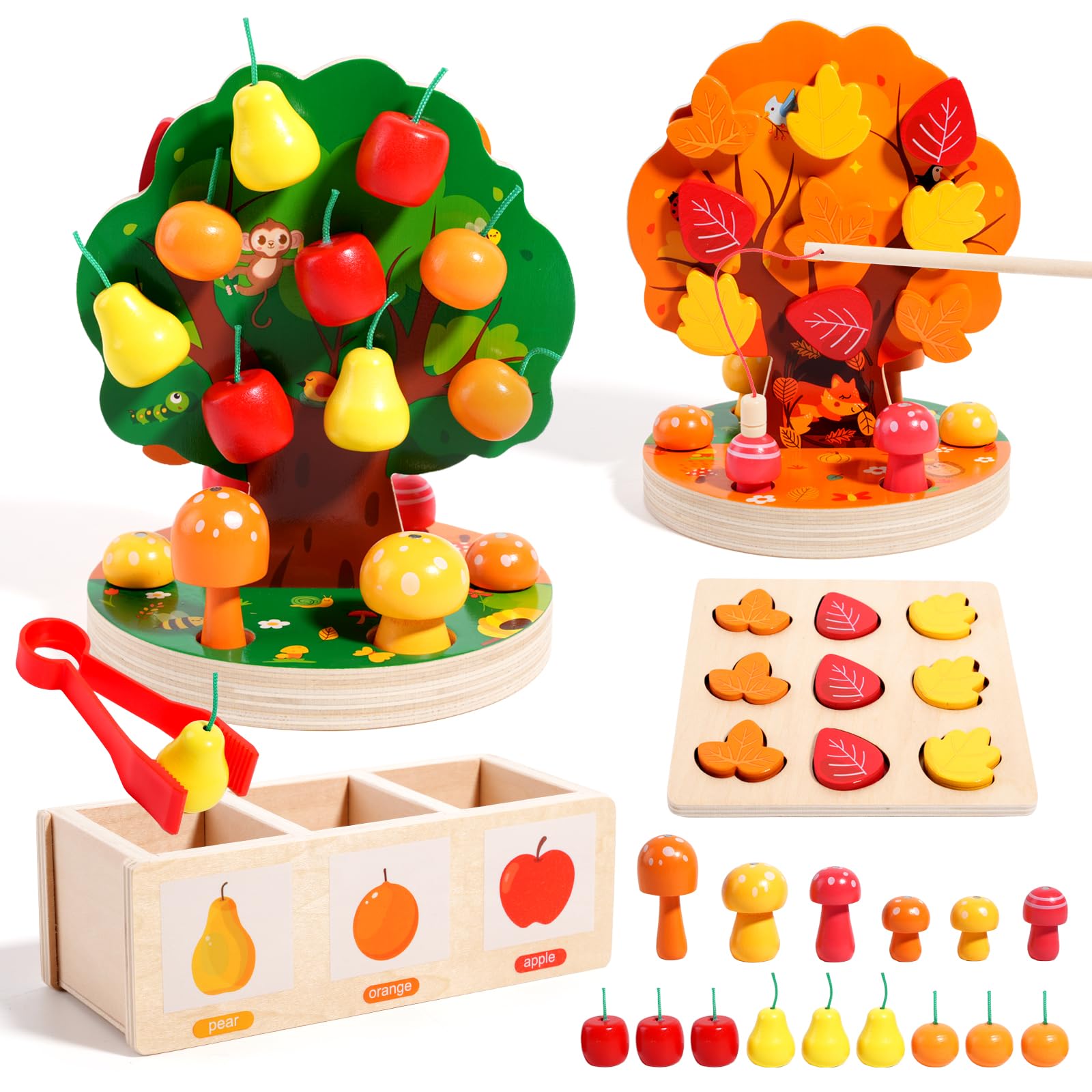Montessori Apple Picking Magnetic Tree Toy - Giocattoli Montessori per 3 4 5 6 anni - Giocattolo sensoriale in legno per bambini - Puzzle di ordinamento delle forme per abilità motorie fini,
