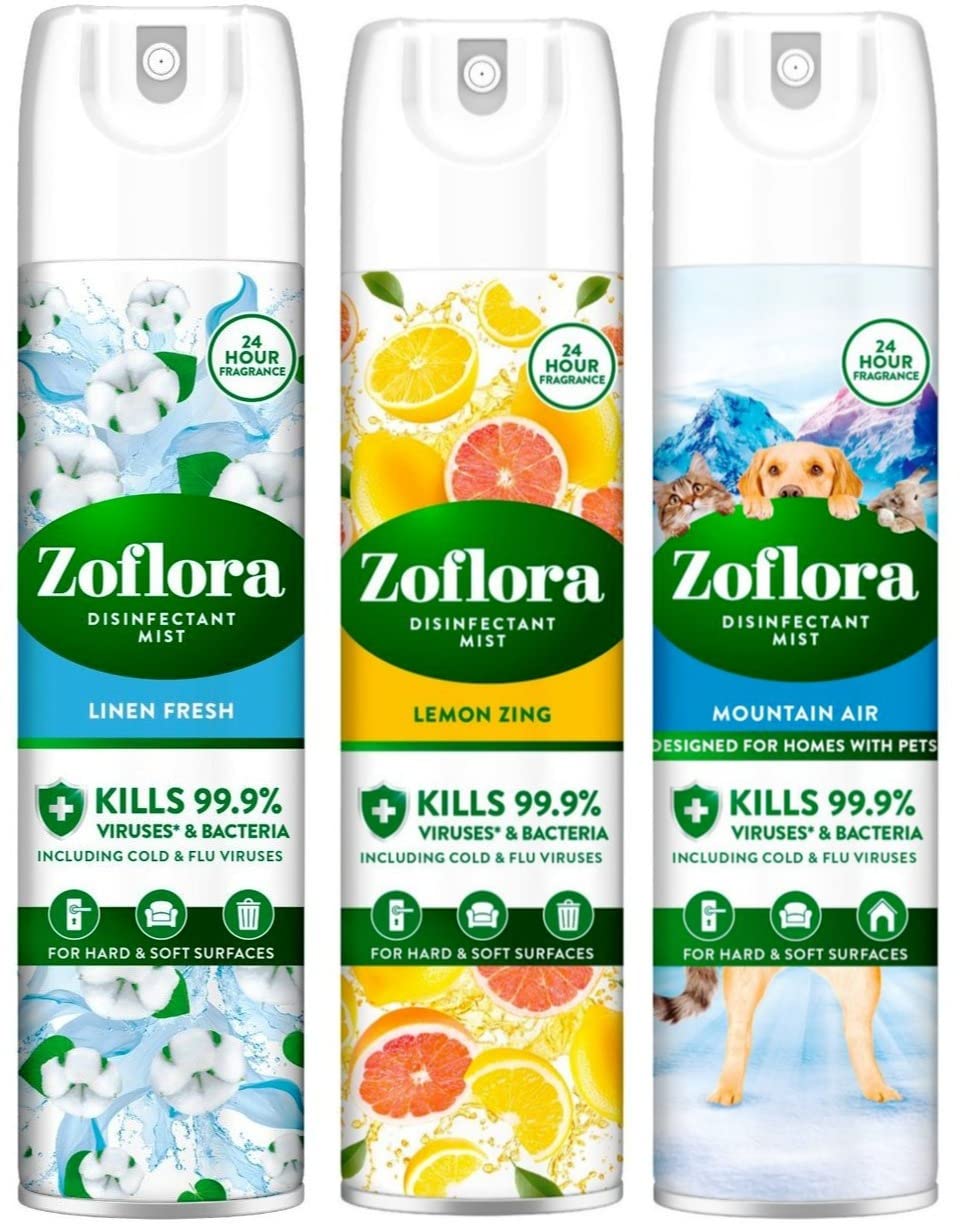Zoflora Air Spray Disinfectant Mist, 300 ml, Linen Fresh + Zoflora Air Spray Disinfectant Mist, 300 ml, Lemon Zing Scent + Zoflora Air Spray Disinfectant Mist, 300 ml, Mountain Air Scent