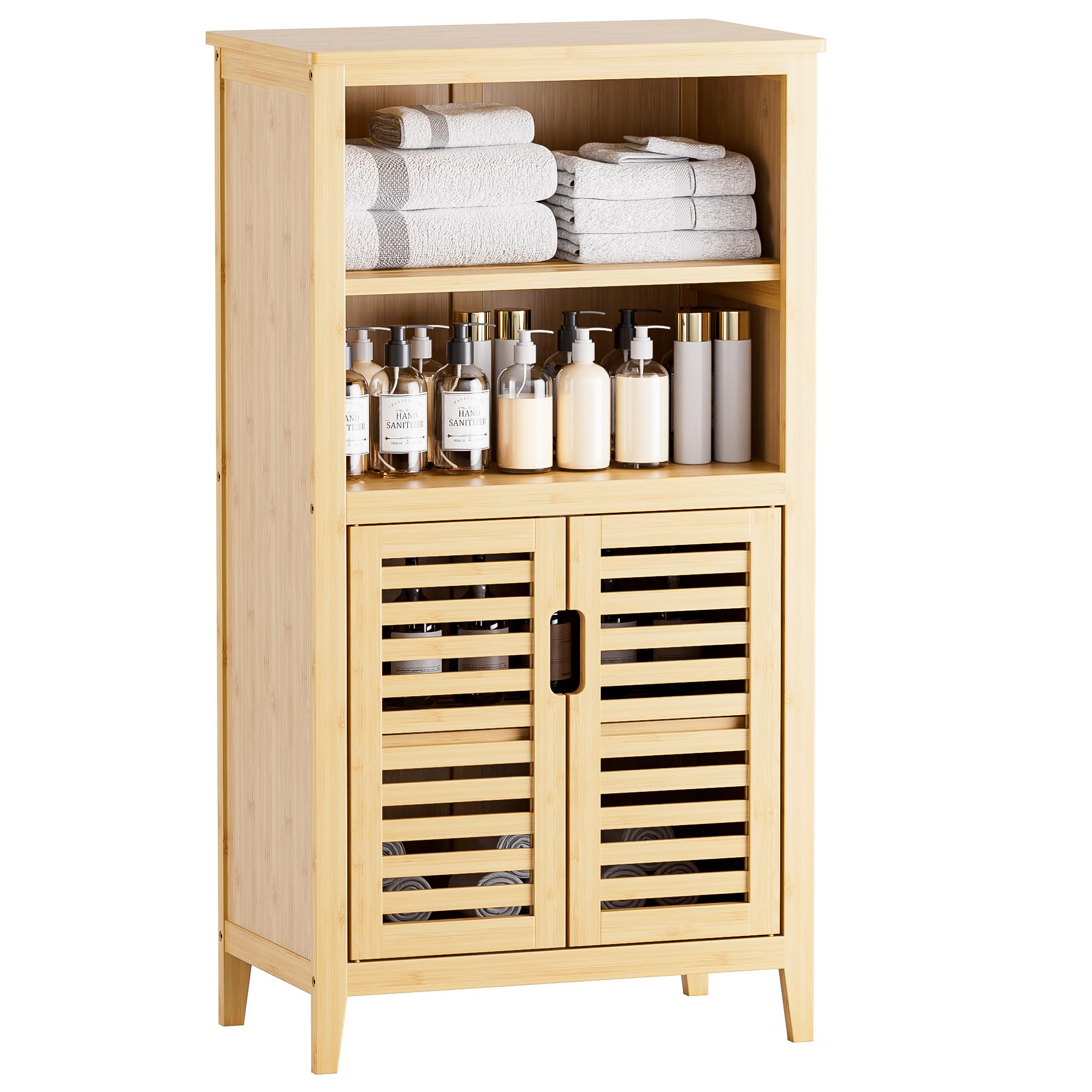HITNET Bathroom Cabinet Freestanding, Bamboo Storage Cabinet 5-Tier Floor Cupboard with Door and Shelf for Bathroom, Kitchen, Hallway, Natural
