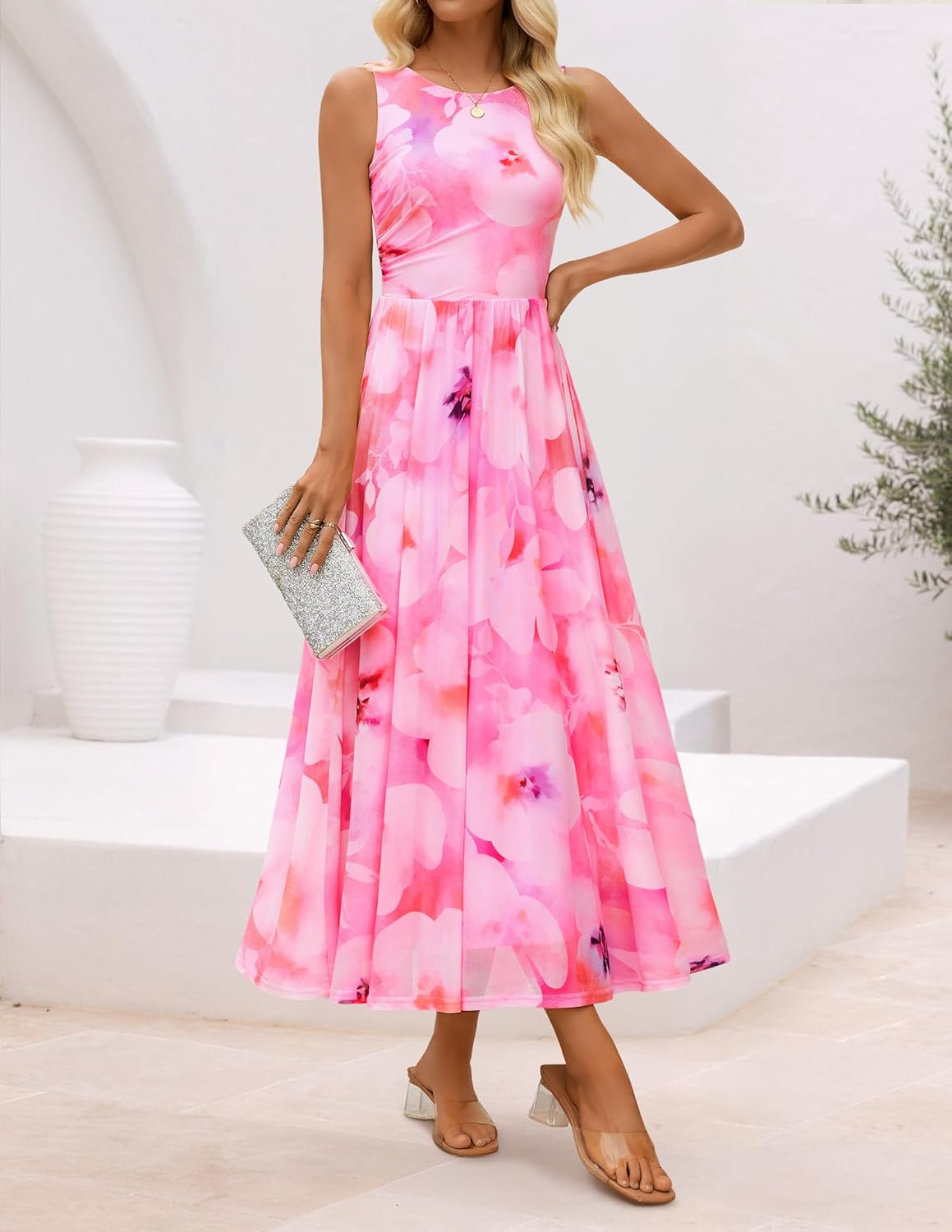 ZESICA Women's Summer Sleeveless Floral Maxi Dress 2026 Casual Crewneck Mesh A Line Flowy Boho Beach Party Long Dresses - Image 3