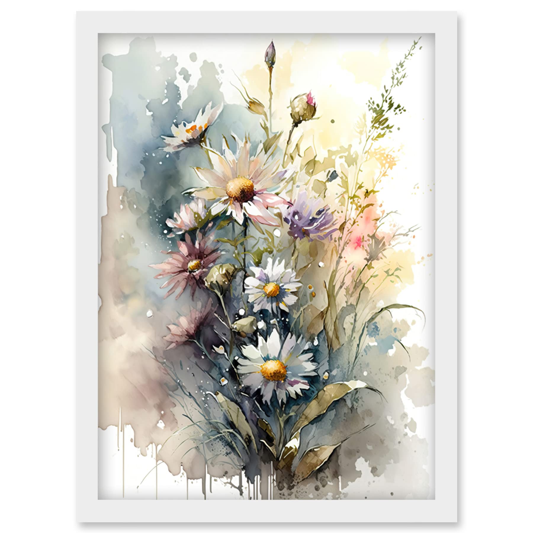 Artery8 Wild Flower Daisies in Bloom Modern Boho Watercolour Painting Artwork Framed Wall Art Print A4