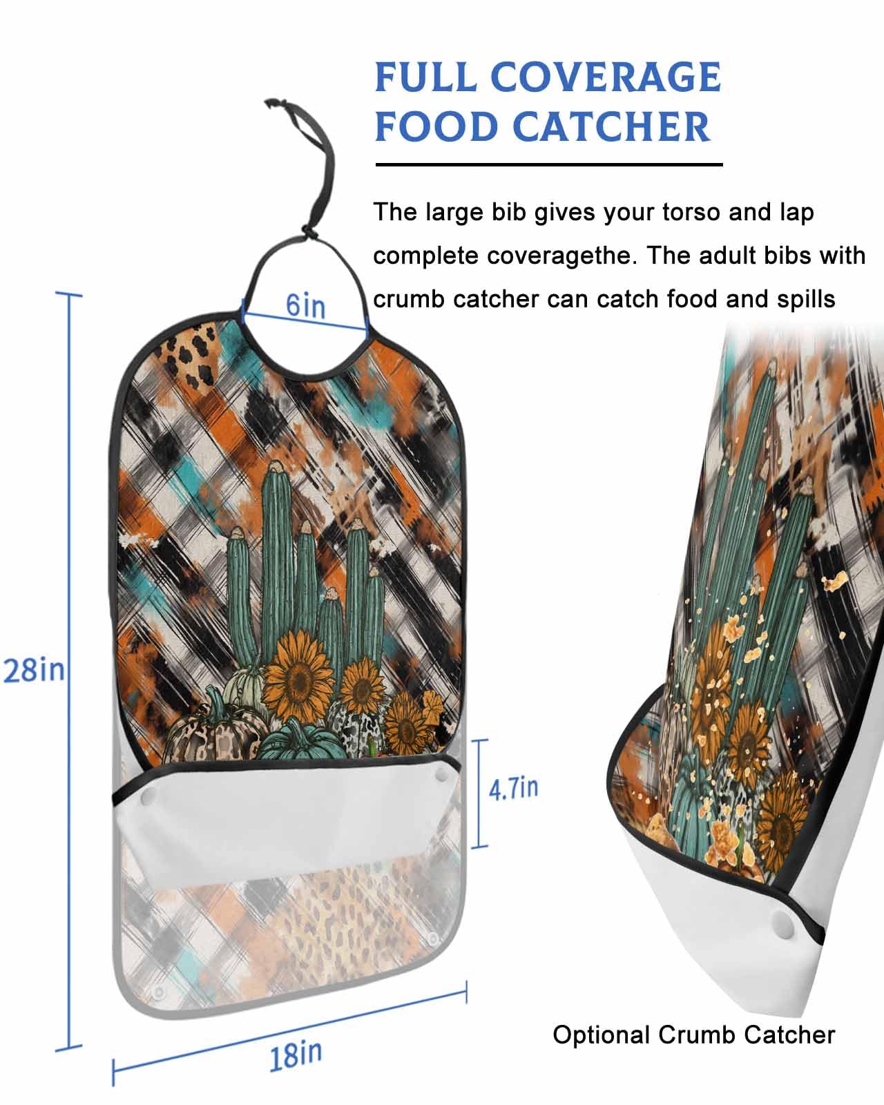 Fall Western Adult Bib for Adults Men, Women, Thanksgiving Cutouts Pumpkin Sunflower Washable & Adjustable Terry Cloth Bib with Crumb Catcher Reusable Waterproof Clothing Clothes Protector Apron