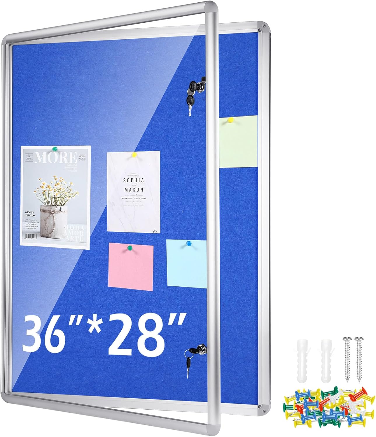 Ctosree Enclosed Bulletin Board Case Lockable Cork Notice Board Waterproof Board Aluminum Framed Bulletin Boards Cabinet with Mounting Screws for School Class Office Wall 36x28 (Blue)