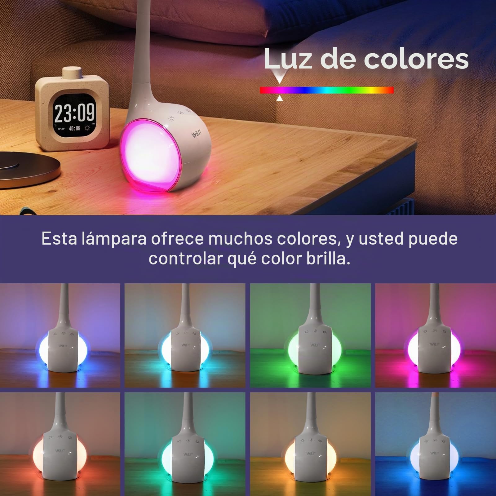 WILIT T3 Lampara LED Escritorio Infantil, Luz Flexo Led Escritorio Niños para Estudiar Lectura con Luz Nocturna de Color, Lámpara de Mesa Tactil 3 Niveles de Brillo, Blanco