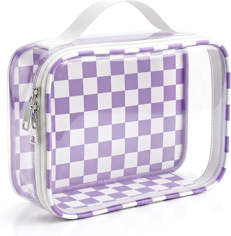 Necessaire transparente LETGO com estampa xadrez, zíper e alça, Roxo e Bege