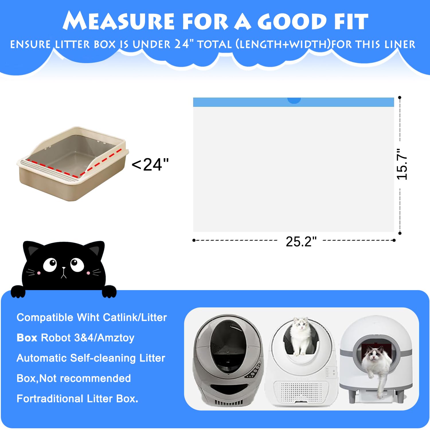 Lot de 120 sacs à litière pour chat, compatibles avec litière robot 3/4, sacs à litière automatiques auto-nettoyants, 66,8 x 40 cm