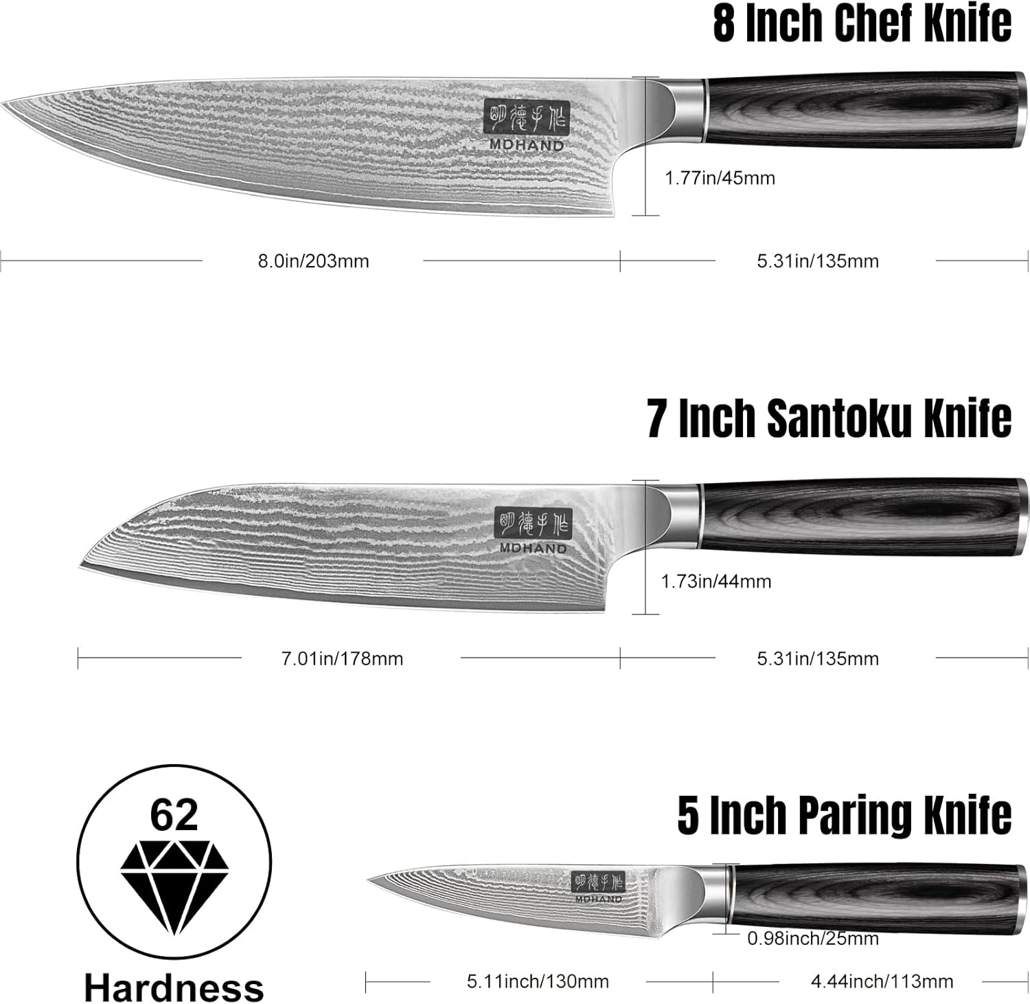 MDHAND Damascus Kitchen Knife Set, 3PCS Ultra Sharp 10Cr15CoMoV Super Steel Japanese Knife, Professional Chef Knife Set with Black Pakkawood Handle, Including Chef, Santoku & Paring Knife, Elegant Box - Image 2