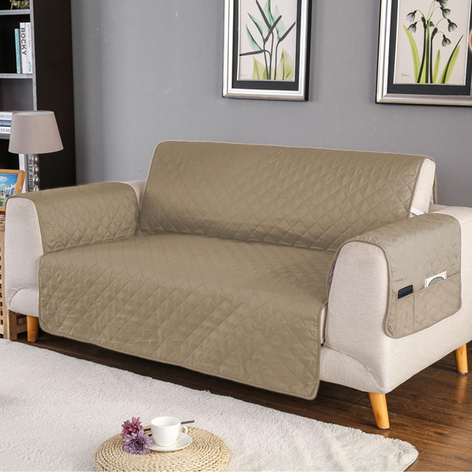 BESCH Funda Cubre Sofá Reversible para 3 Plazas con Bolsillos Lateral - Protector para Sofá, Elástico, Extrasuave y Antideslizante Color Beig