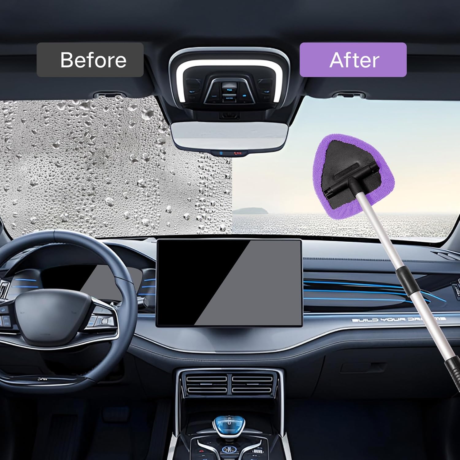 11pcs Windshield Cleaner Tool, Car Window Cleaning Wash Kit with 6 Reusable Microfiber Pads 2 Spray Bottles and Extendable Handles Auto Glass Wiper Kit, Purple - Image 3