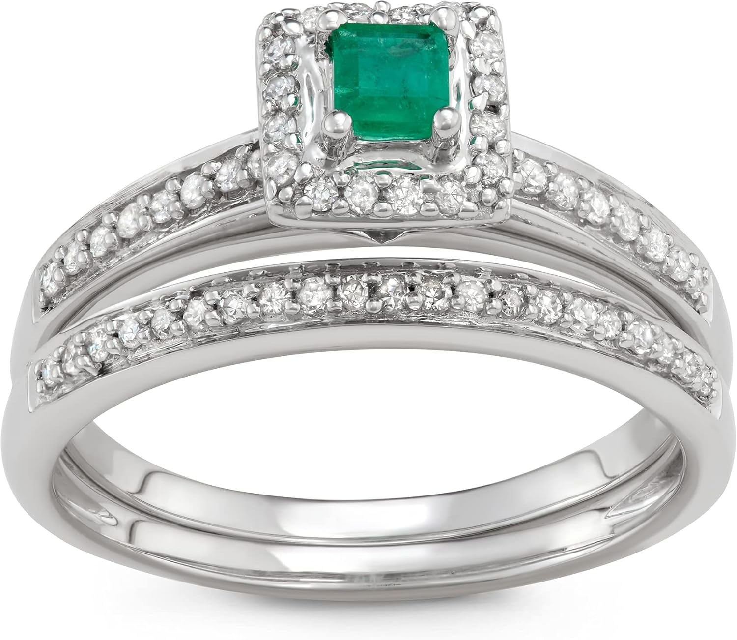 1/2 Carat Total Weight (cttw) 10K Wedding Rings with Blue Sapphire/Emerald Gemstone - Diamond Halo Bridal Ring for Women