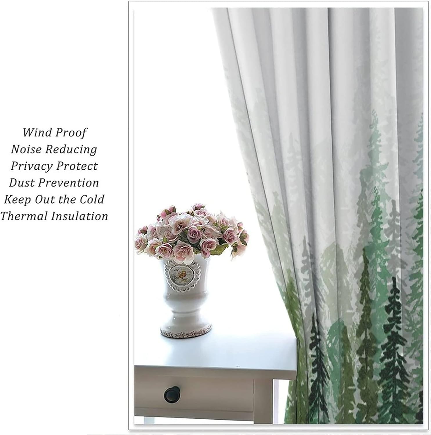 Green Forest Tree Curtain, Pine Coniferou Trees Forest Watercolor Design Room Darkening Door Window Rod Pocket Curtain for Bedroom Living Room 42x45in