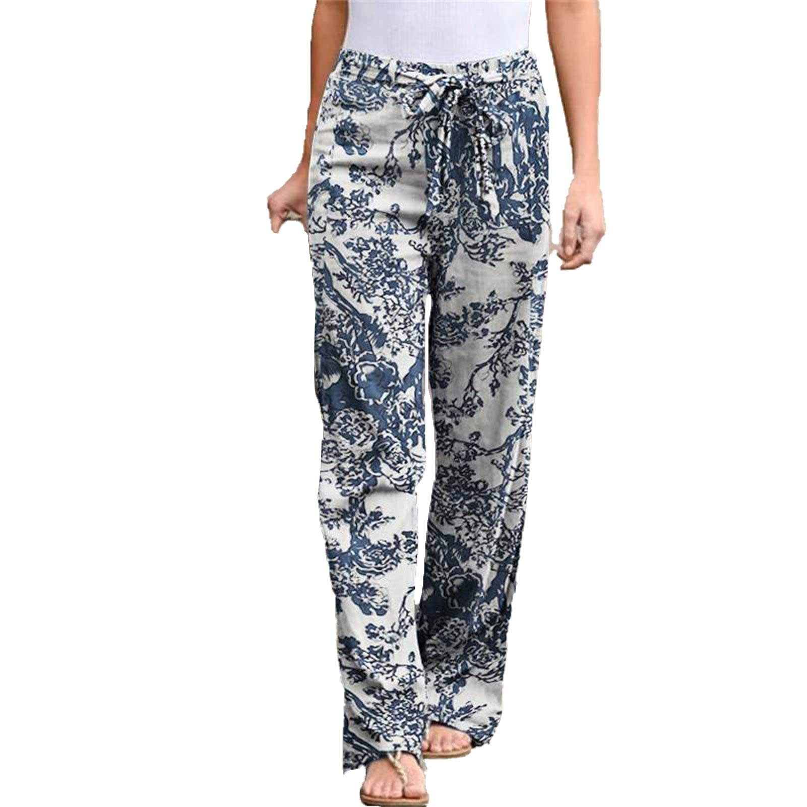 Maiyifu-GJ Women Floral Print Linen Belted Pants Elastic High Waist Printed Hippie Trousers Casual Beach Wide Leg Lounge