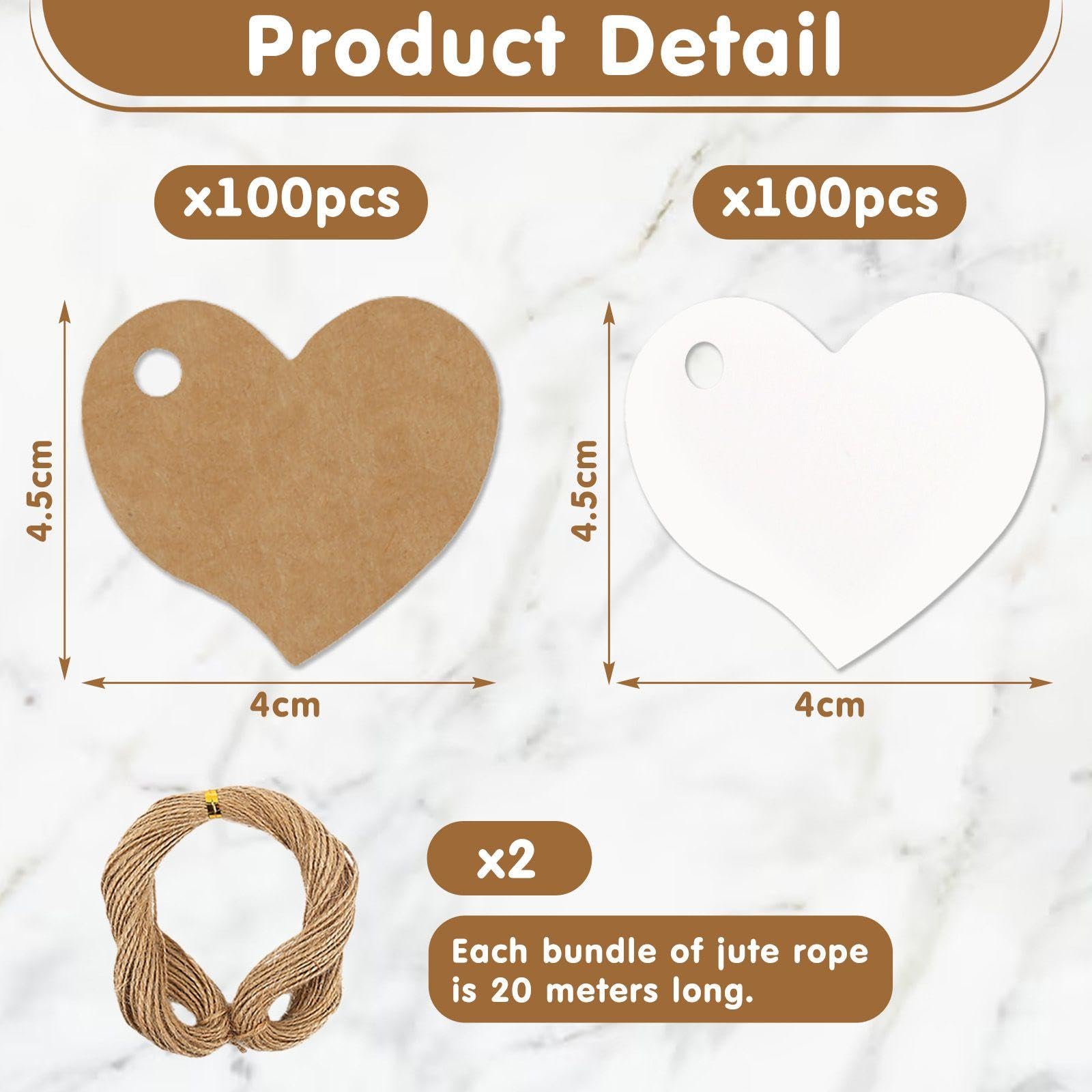 PFLYPF 100 etichette a forma di cuore, carta kraft, corda canapa, decorazioni per albero Natale, San Valentino, regalo