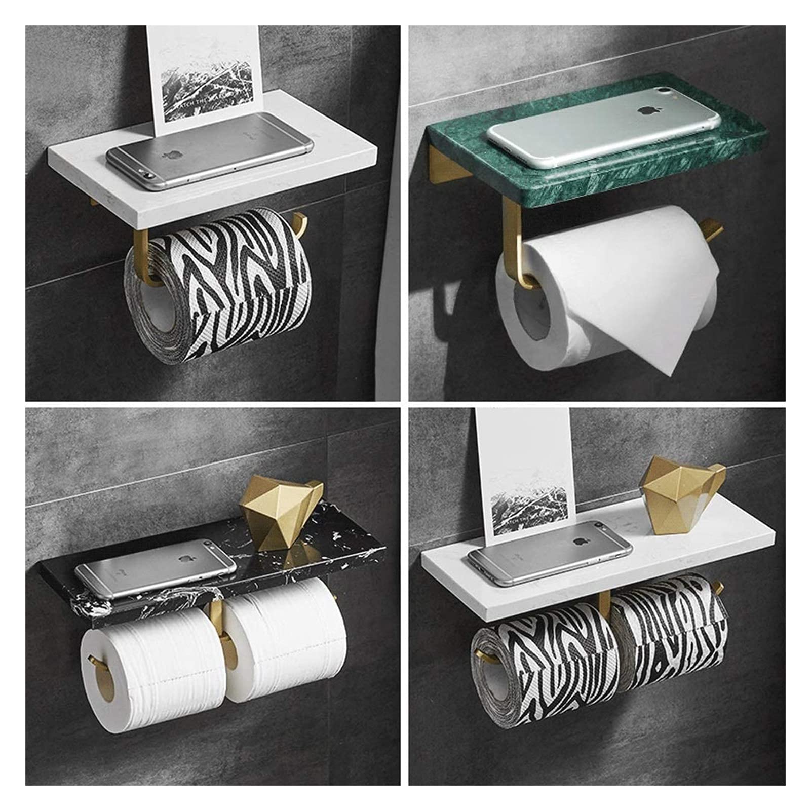 Marmor Toilettenpapierhalter Mit Ablage – Doppelrollenhalter, Mattschwarz, 304 Edelstahl, Wasserdicht