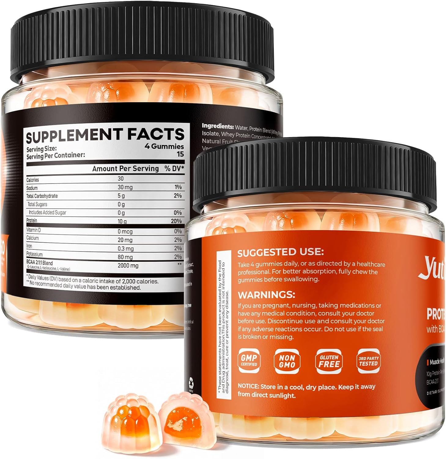 Whey Protein Gummies with BCAA 2:1:1, 10g Protein per Serving for Men & Women, Low Calorie, Sugar Free, Orange Flavor, 120 Count