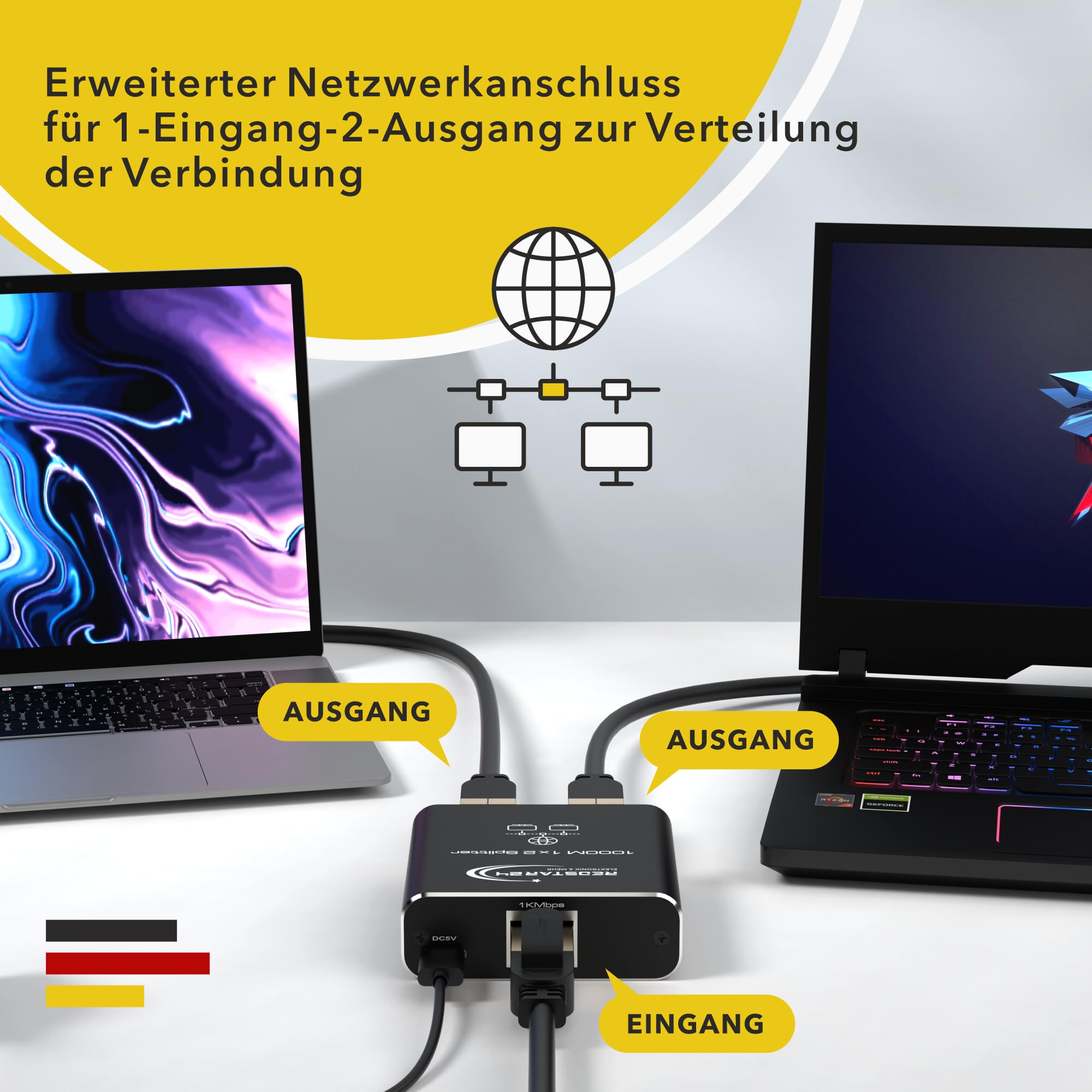 RedStar24 Splitter LAN 1 a 2, 1000 Mbps Gigabit Ethernet con cavo di alimentazione di tipo C, splitter di rete plug and play a 2 porte e distributore per computer, router, TV digitale, cavo di rete e