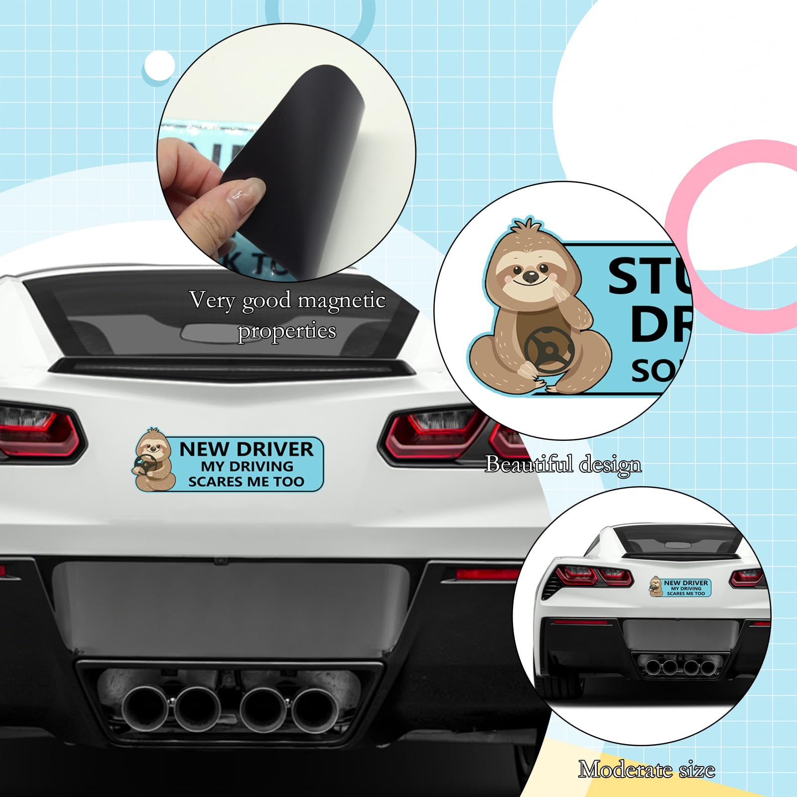 4 adesivi magnetici per auto a forma di bradipo, per principianti, per studenti e conducenti di auto, adorabili adesivi per neopatentati, adatti per mantenere una distanza di sicurezza sulla strada