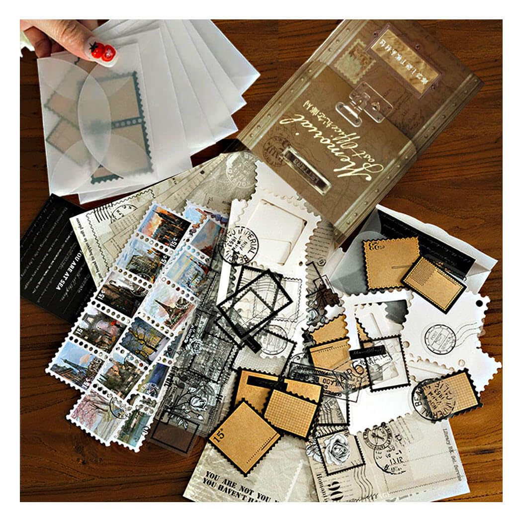 Vilikya 100pcs Postal Scrapbook Kit, Vintage Postage Stamp Stickers for Junk Journal Supplies, Decoupage Paper Quote Stickers for Collage Ephemera, Hollow Frames for Scrapbooking
