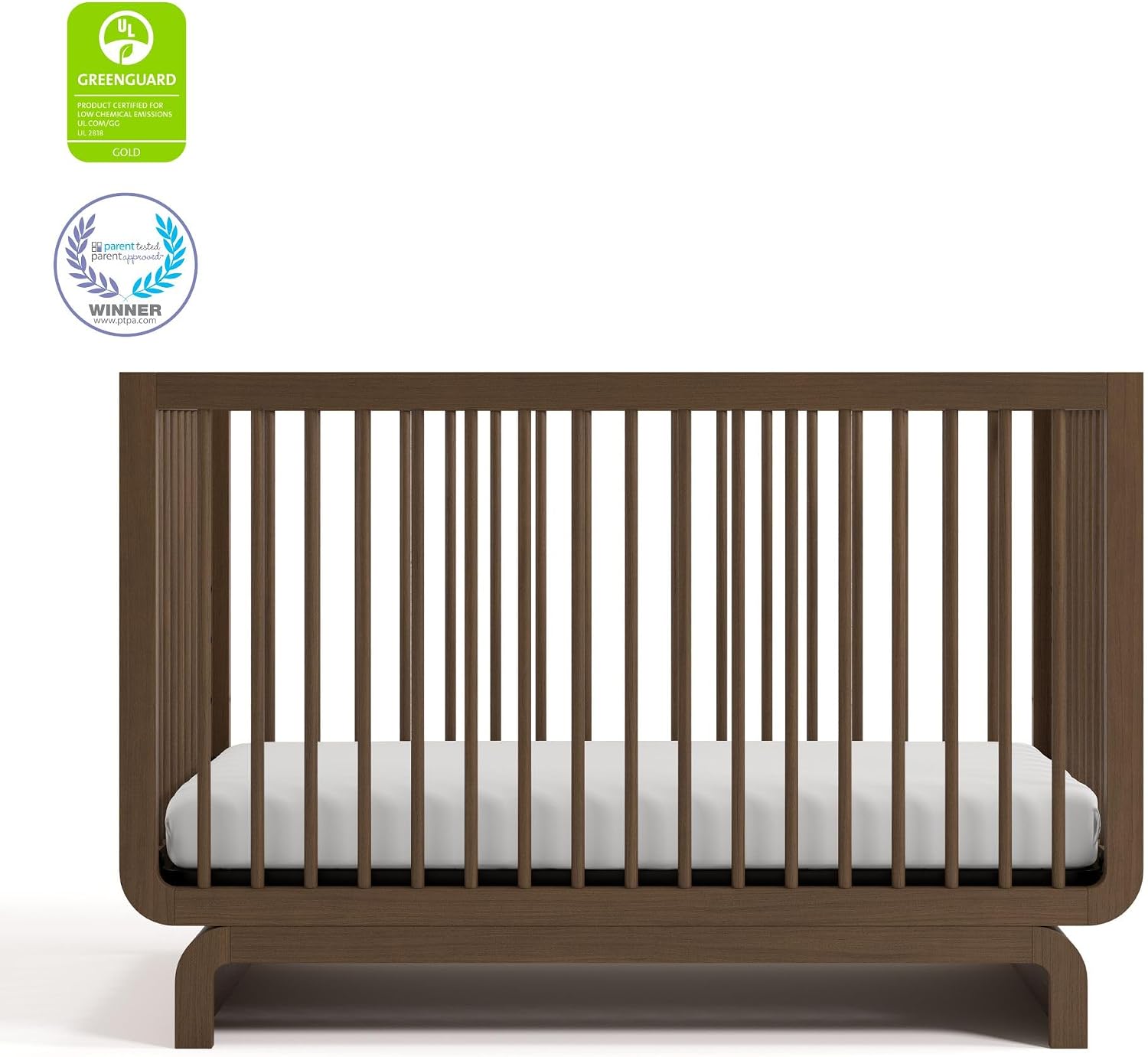 Storkcraft Santorini 5-in-1 Convertible Crib with Toddler Guardrail – GREENGUARD Gold Certified, Conversion Kit Included, 100% Solid Wood, Fits Standard Crib Mattress (Hazelnut)