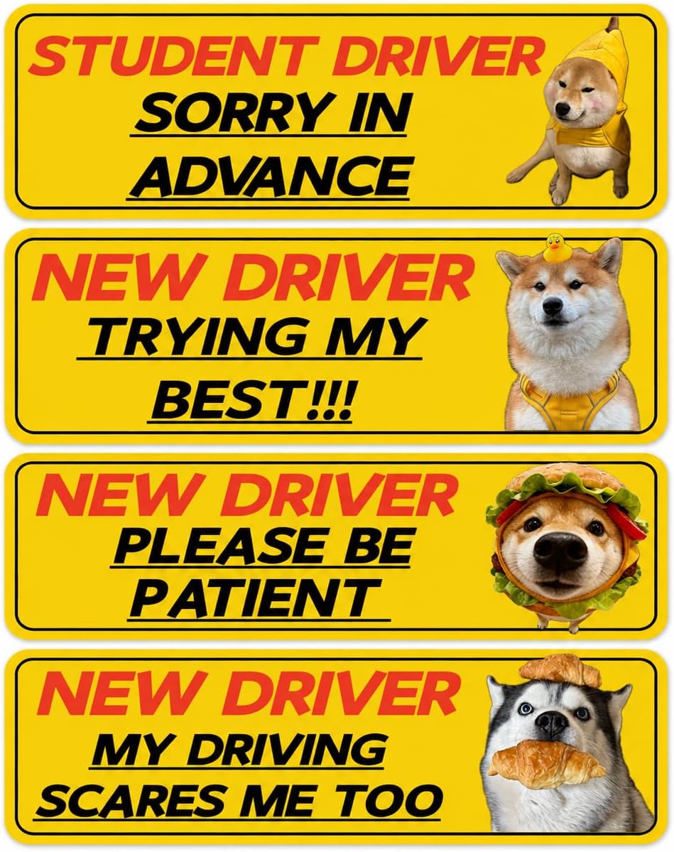 4Pcs New Driver Car Sticker Decal for Beginners,Reflective Student Driver Stickers for Car,Bumper Safety Warning Sign for Students and Novices(Yellow)