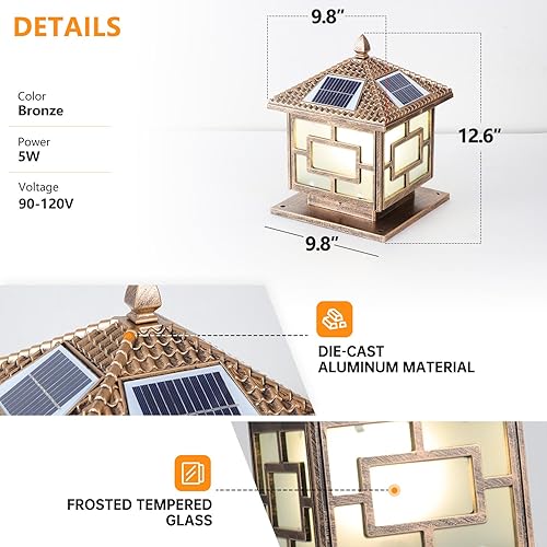 Miniatura 5 de Luces solares para postes al aire libre, IP65, impermeables, de bronce, lámparas de columna exterior de 9.8 pulgadas, luces de pilar de aluminio