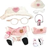 Clothes for Labub, 5-Piece 17cm Clothes for Labub Set with Accessories – Includes Light Pink Velvet Heart Hat, Mini Camera, Glasses & Canvas Shoes (Doll Not Included)(A)