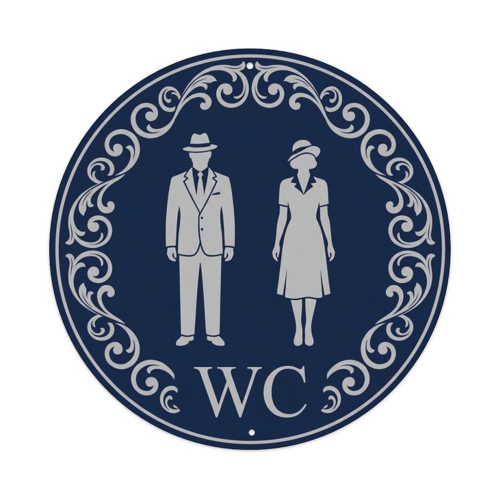 Restroom Notice WC Navy Silver Scroll Metal Tin Sign