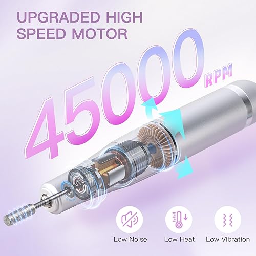 Miniatura 5 de Madenia Taladro de uñas profesional recargable, lima de uñas eléctrica portátil de 45000 RPM, lima E para uñas de gel acrílicas, adecuada para uso