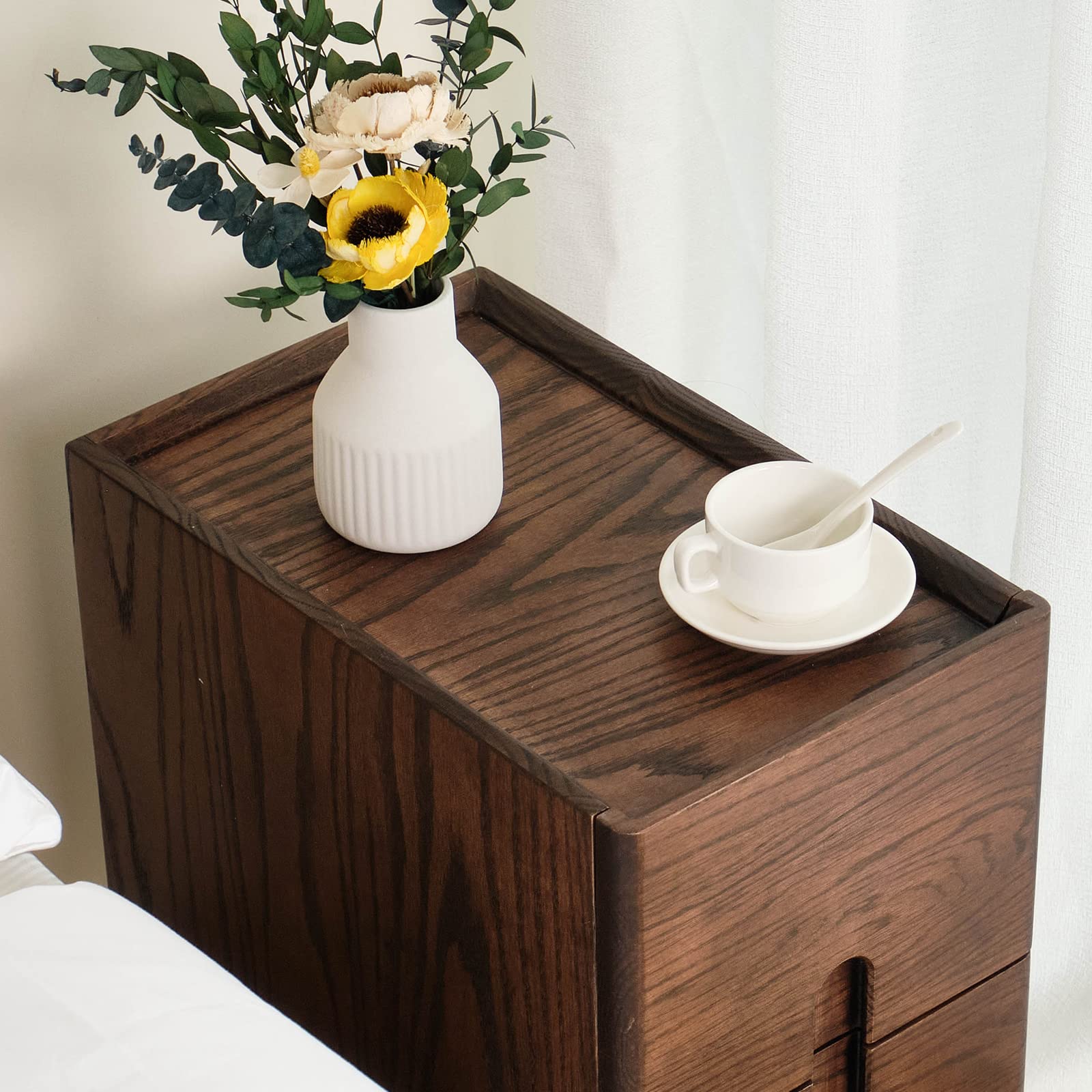 Mesita de noche moderna de mediados de siglo, mesita de noche estrecha, mesa auxiliar minimalista para dormitorio, mesitas de noche de 2 cajones (nogal, 9.84 pulgadas) 9
