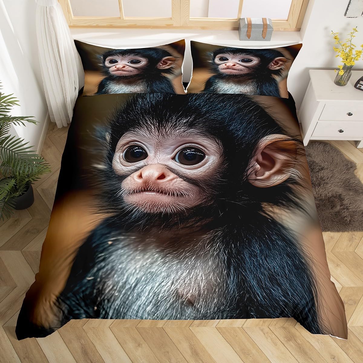Erosebridal Monkey Duvet Cover Wild Animal Bedding Set for Child Girls Youth,Wildlife Comforter Cover Wild Safari Theme Bedspreads Cover with Zipper Closure Bedroom Decor King Size Black