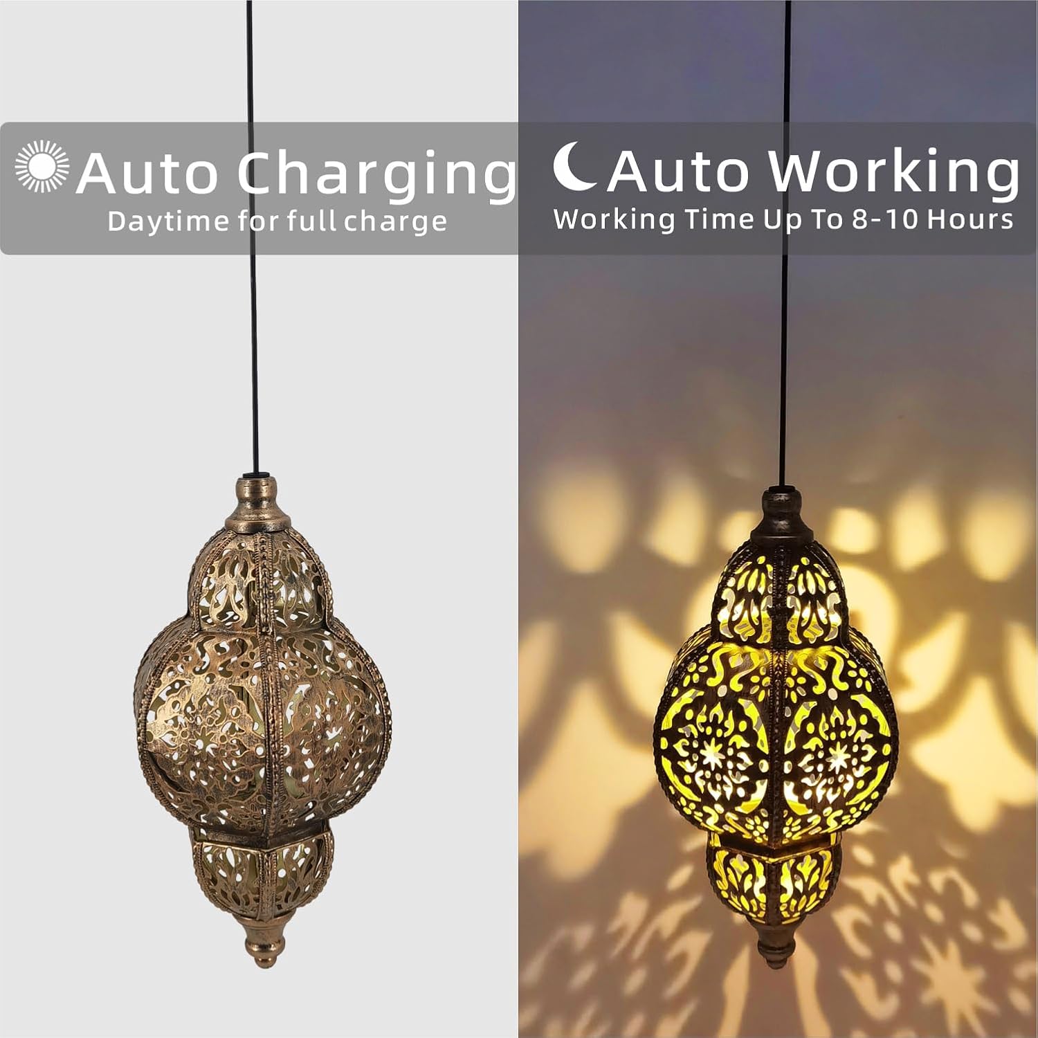Hanging Solar Lights Garden Lights Metal Moroccan Lamp Waterproof for Outdoor Hanging Decor Yard Backyard Garden Decorative (2 Pack, Bronze)