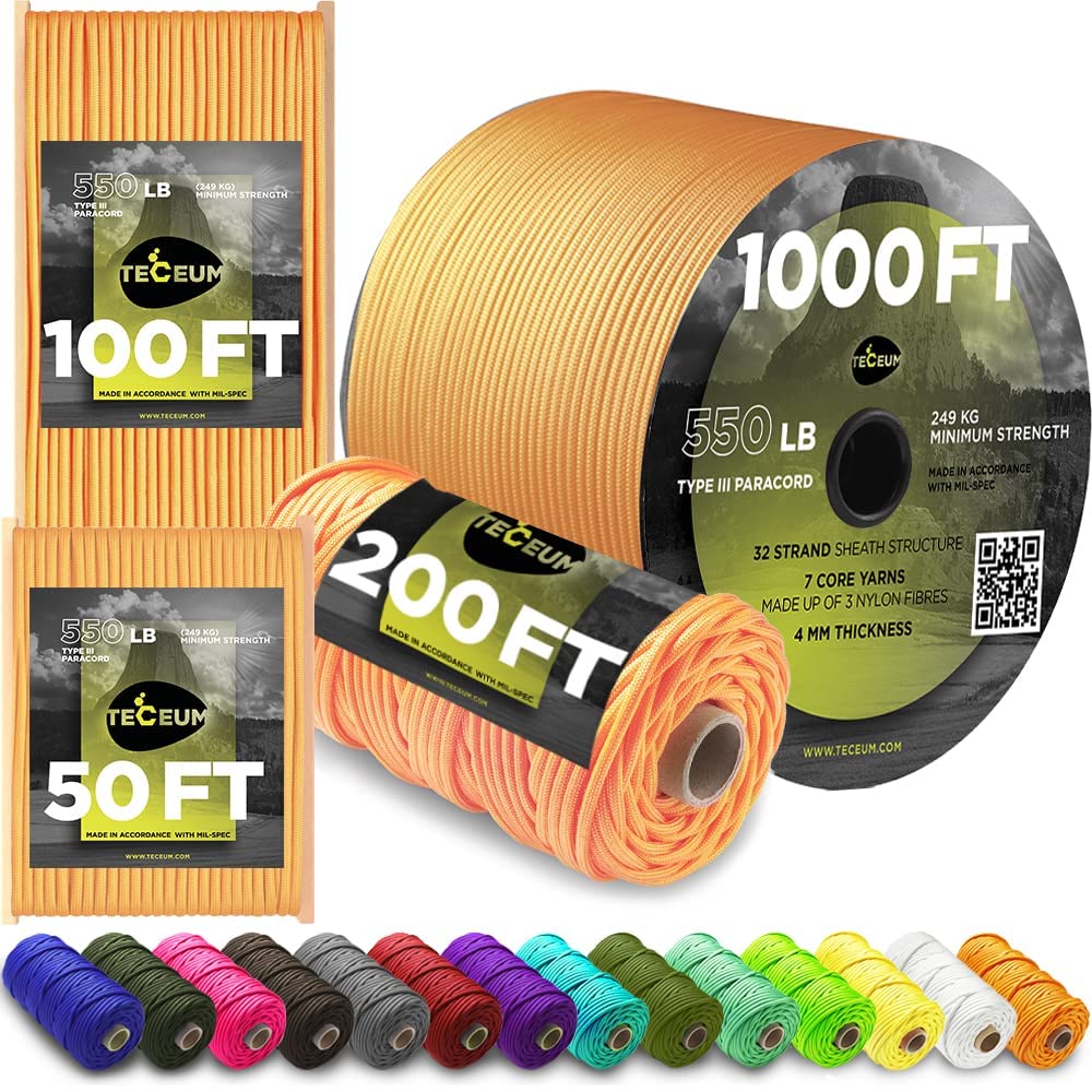 TECEUM5/32" Paracord Rope 1000 – 1000ft / 200ft / 100ft / 50ft – Tactical Parachute Cord 4mm – 45+ Colors – Nylon String for Survival & Camping Gear – Stripe Cord for Survival – Utility Rope
