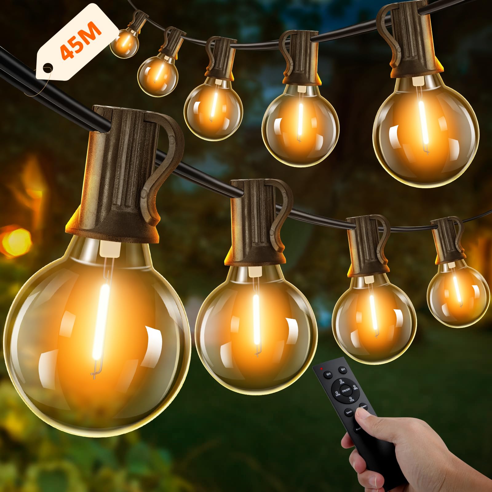 Kangtaixin 45M Lichterkette Außen mit Timer, LED Lichterkette Strom Outdoor mit 75+3 G40 Glühbirnen, 4 Modus und Dimmbar Lichterkette Wasserdicht für Garten Balkon Terrasse Party Hochzeit (Warmweiß)