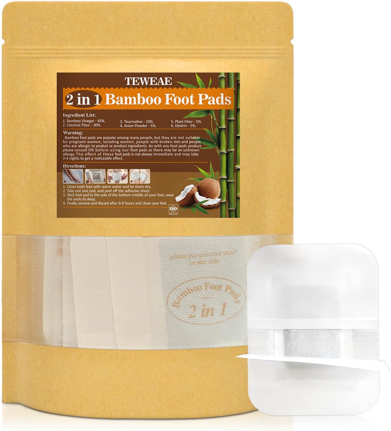 2 in 1 Foot Pads, 64 Pads Bamboo Vinegar Coconut Shell Powder Foot Pads with ”Stay in Place” Bigger Adhesive Sheet