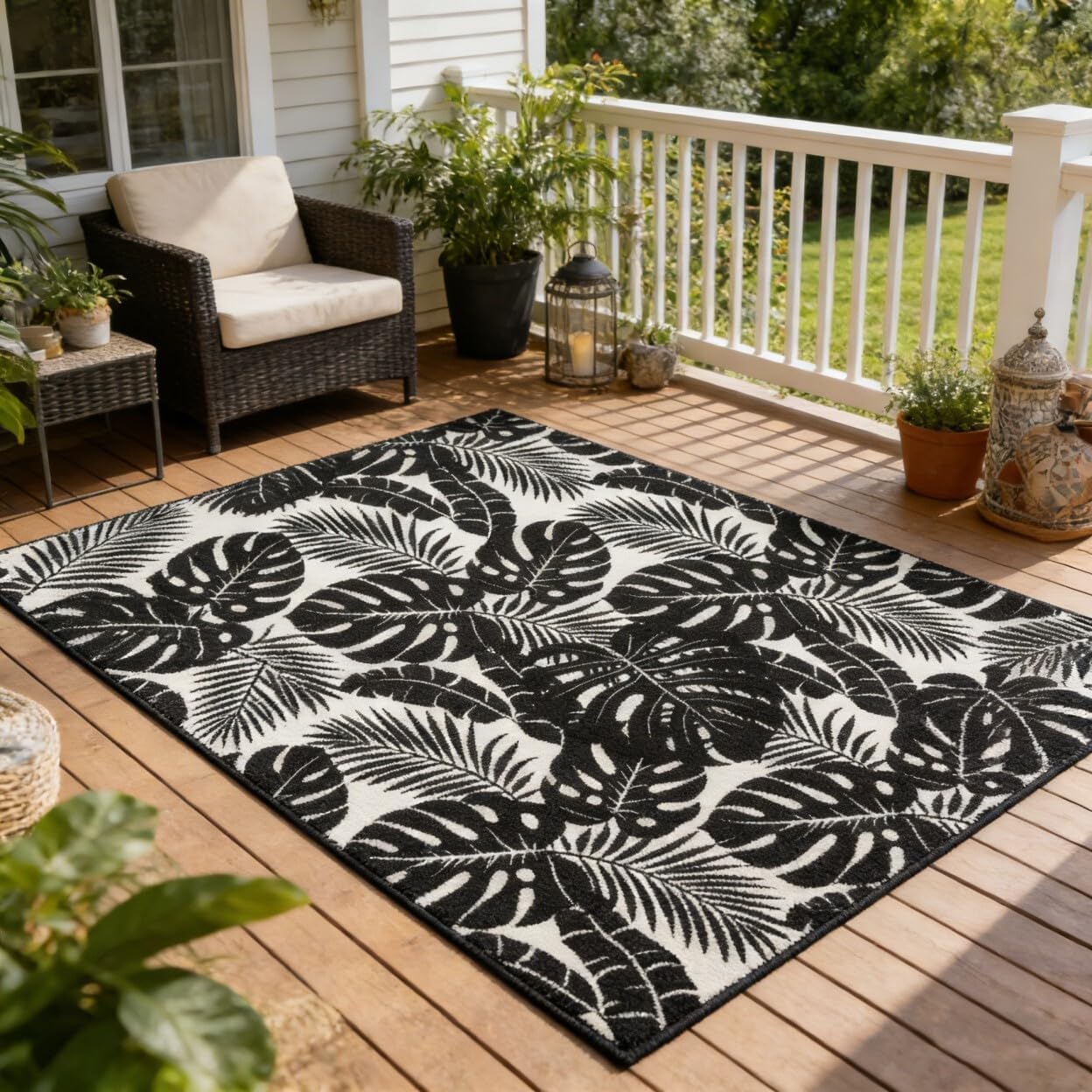 Vintage Abstract Aesthetics Black and White Rug 3x5 Monstera Palm Tree Tropical Rugs for Living Room Patio Porch Deck Camping Front Yard Outdoor Rug Non Shedding Easy Clean Balcony Carpets
