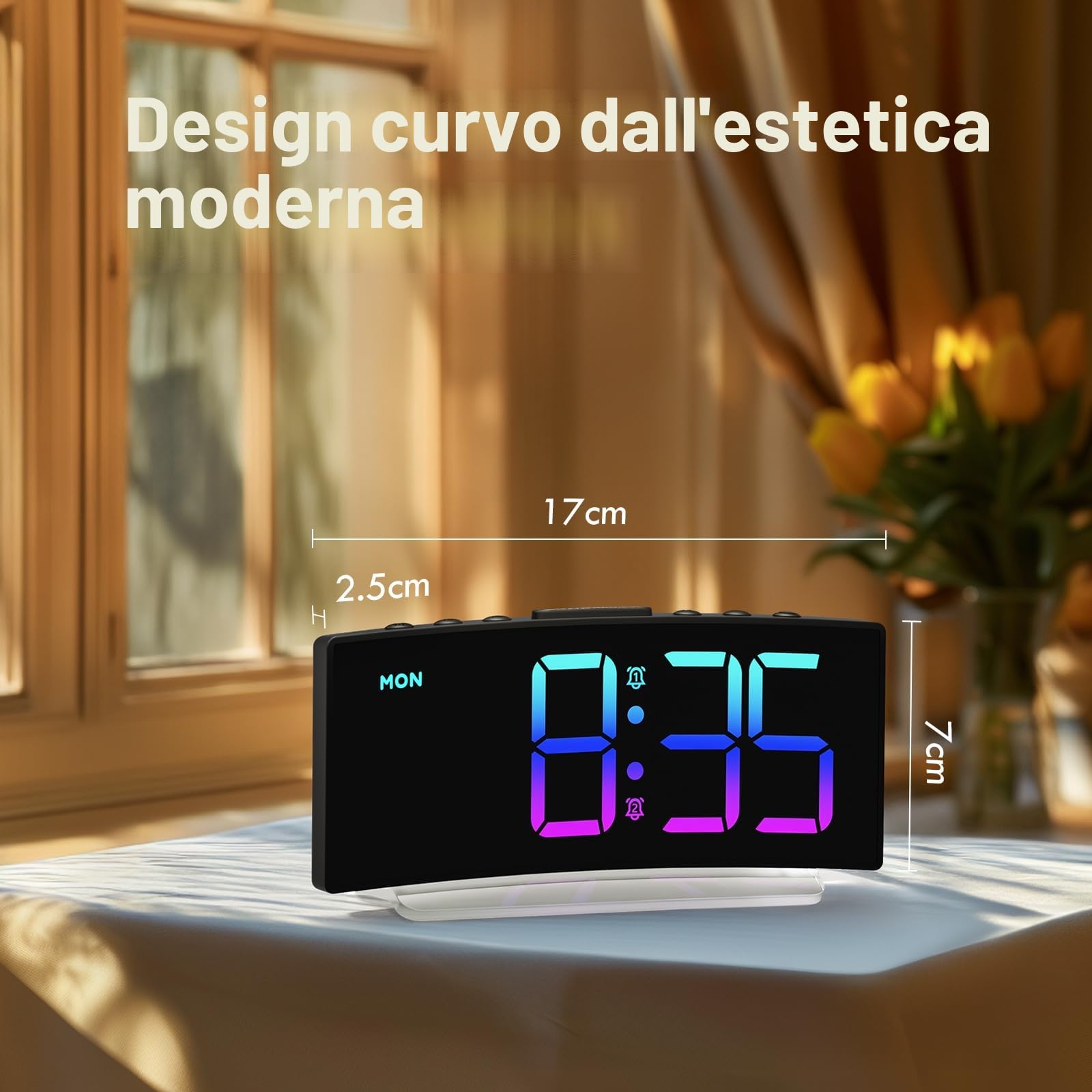 Sveglia da Comodino con Display Digitale a 8 Colori, Snooze, 2 Allarme, Luce Notturna RBG a 7 Colori,4 Livelli di Luminosità, Volume Regolabile, Nero
