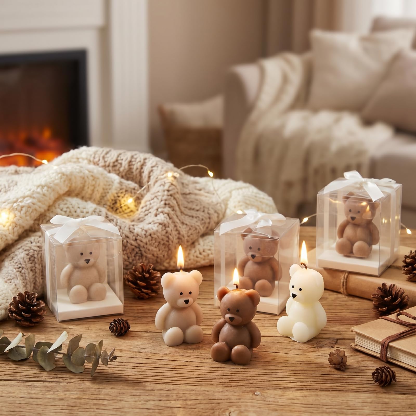 50 szt. świec z niedźwiedziem na baby shower, upominki na przyjęcie z niedźwiedziem gościnnym, świece na baby shower, luzem na prezent, dekoracje imprezowe (jasna kawa, białe)