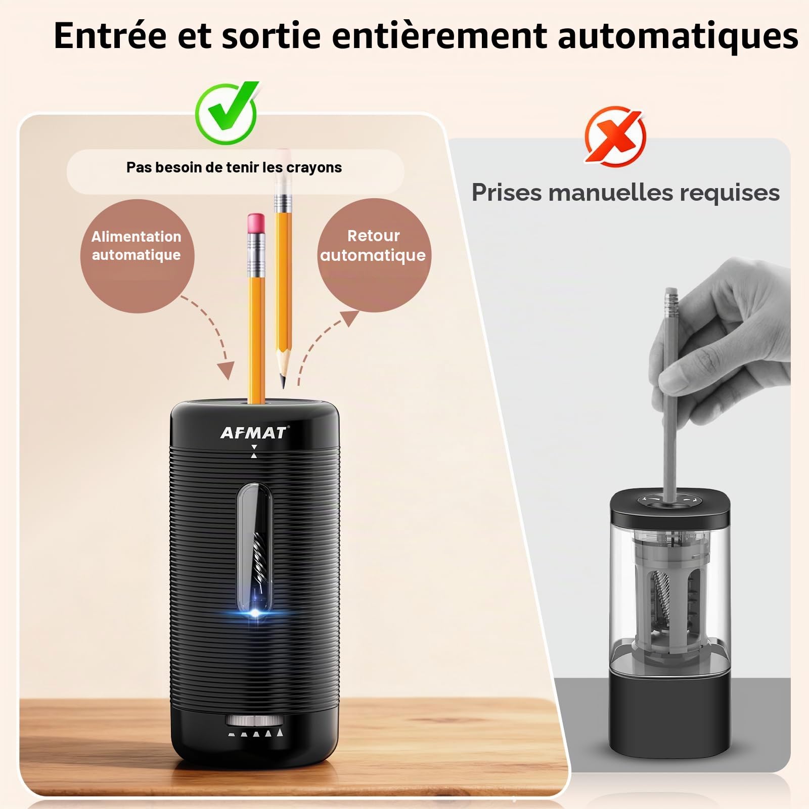AFMAT Taille-crayon électrique entièrement automatique avec récipient, rechargeable pour crayons de 6,5 à 12 mm, entrée et sortie automatique, arrêt automatique pour la maison, le bureau, l'école
