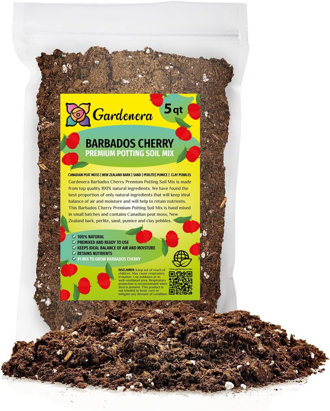 Organic Barbados Cherry Plant Soil Mix by Gardenera - Cultivate Fruity Excellence with Natural and Nutrient-Rich Formula - 5 Quart