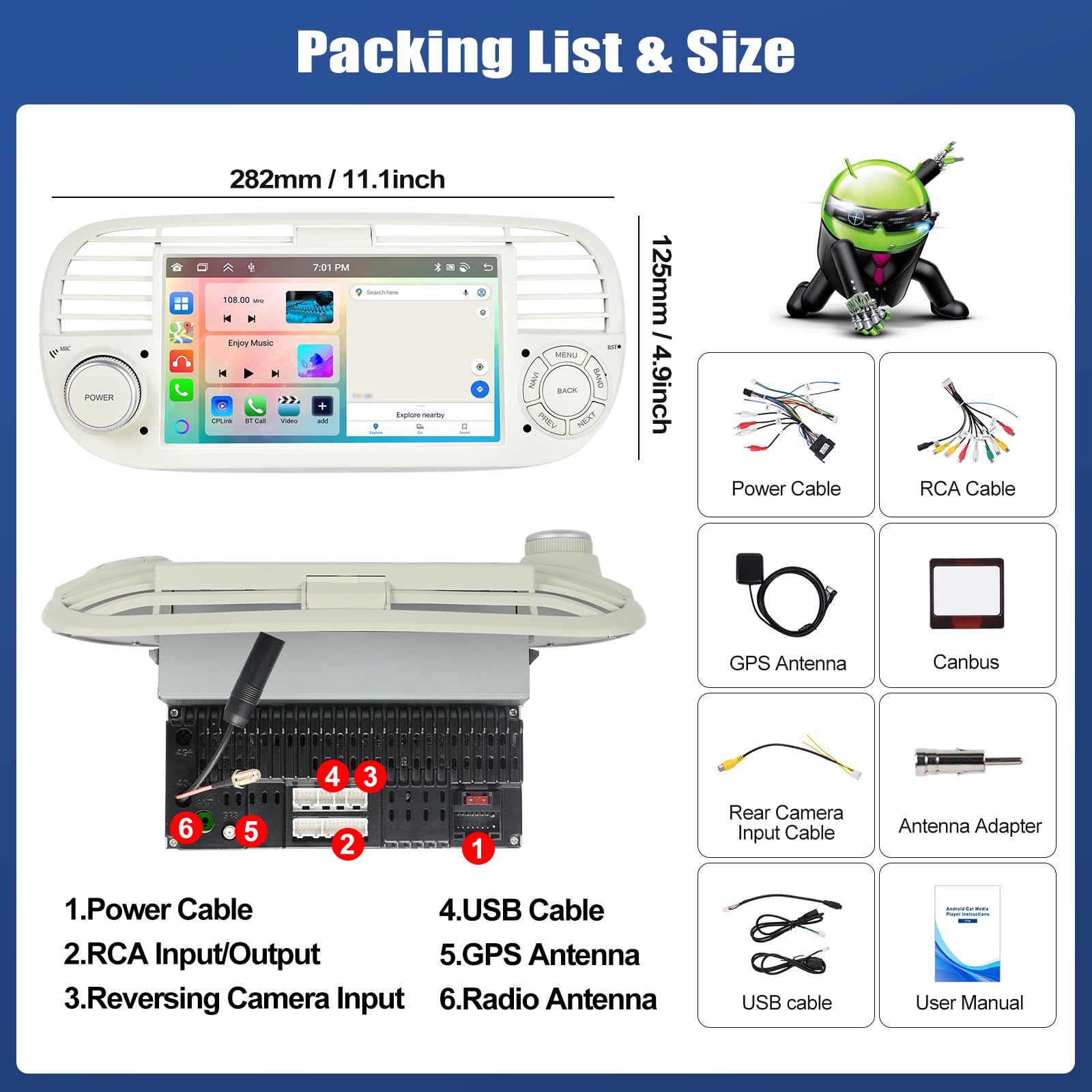SIXWIN 8 Core 4+64G Android 15 Autoradio per FIAT 500 2007-2015 con CarPlay/Android Auto/DSP,7 Pollici HD Schermo Navigatore GPS WiFi Bluetooth 5.0 USB FM RDS Radio Mirror Link +32 Bande EQ(Bianco)