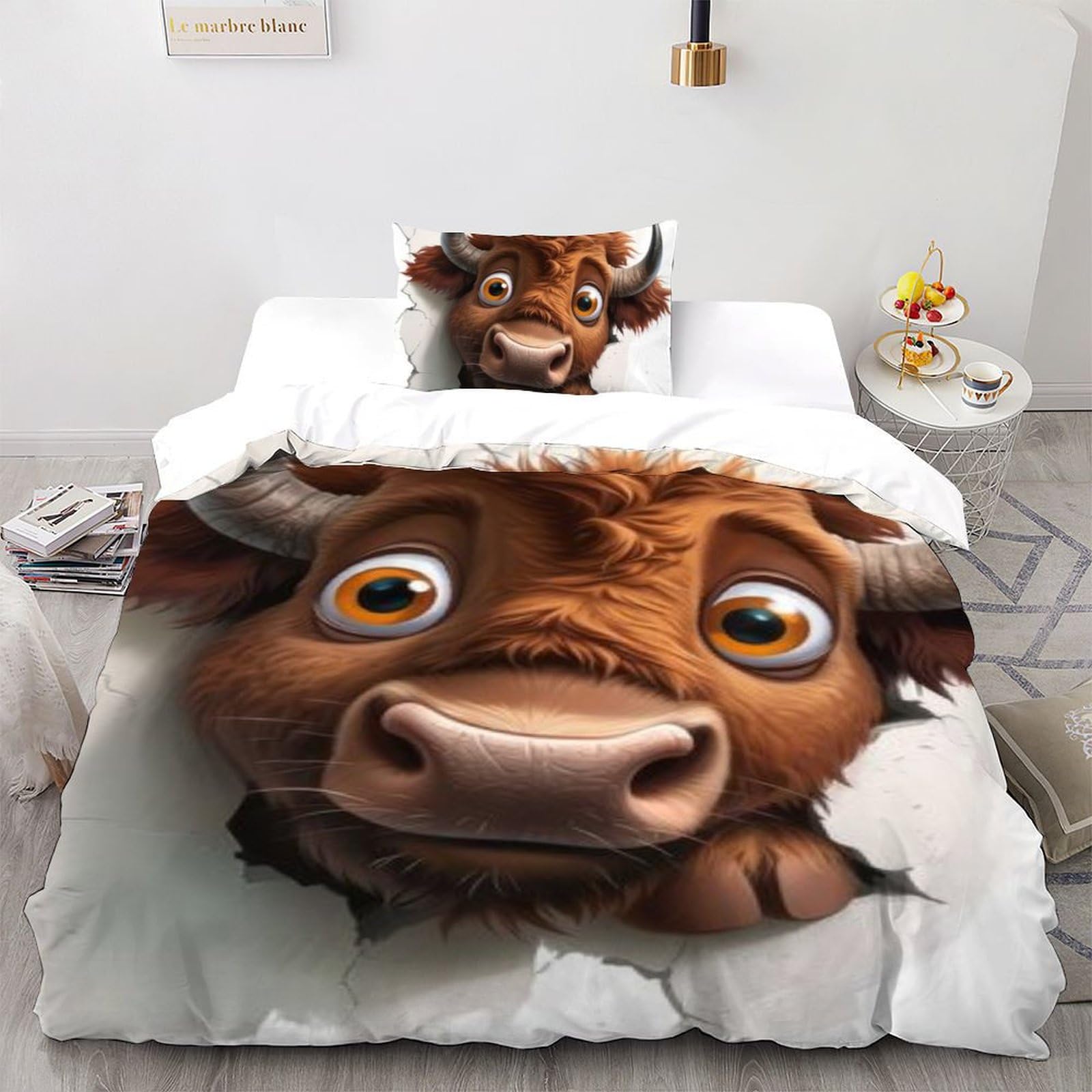Housse de couette single 135x200cm motif petite vache avec taies d'oreiller pour lit garçon