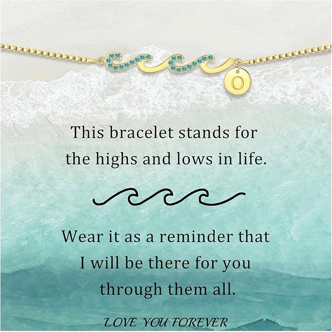 Dainty Gold Bracelet with Initials, Gifts for Women Initial Bracelets for Women Mom Gift Teen Gifts Trendy Stuff Wave Bracelet Grandma Graduation Gifts for Her 2025 Daughter Friend Letter A-Z Birthday Christmas Jewelry