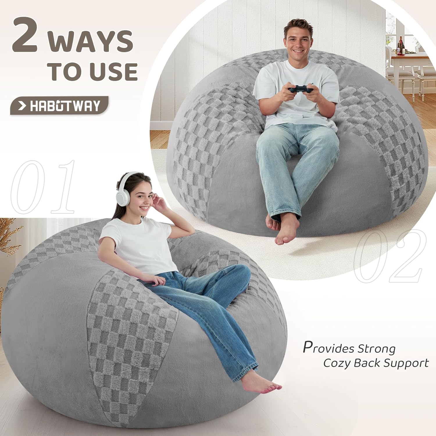 HABUTWAY 5FT Bean Bag Chair Teardrop Beanbag Chair with Memory Foam Filled Soft Checkboard Leaf alongside Plush Bean Bag Sofa with Removable Cover for Living Room,Bedroom-Checkboard Light Grey