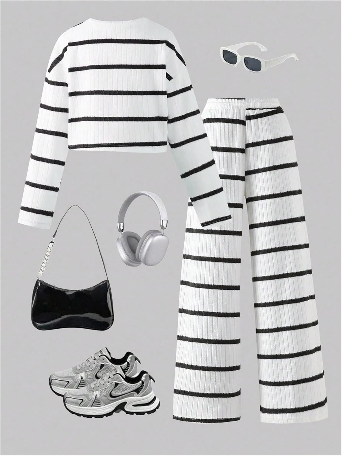 GORGLITTER Women's Striped 2 Piece Outfits Long Sleeve Cropped T Shirt and Wide Leg Pants Matching Lounge Sets - Image 2