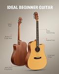 Donner 41” Guitare acoustique pour adultes,Bagues d'acier avec leçon en ligne, 4/4 Guitare acoustique avec Gig Bag, Tuner, Strap, Cordes, Picks, Capos, Découpe, Naturel, DAG-1C/DAD-110C