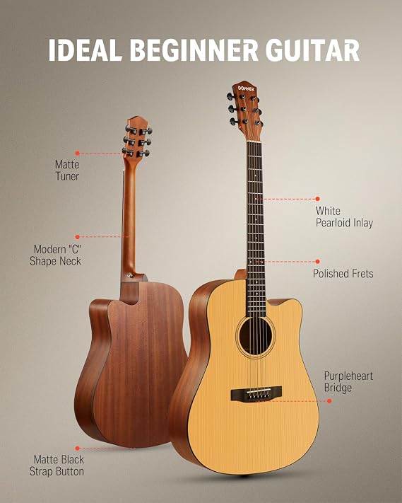 Donner 41 Acoustic Guitar Bundle for Beginners Adults with Online Lesson, 4/4 Full Size Steel Acustica Guitarra with Gig Bag, Tuner, Strap, Strings, Picks, Capos, Cutaway, Natural, DAG-1C/DAD-110C